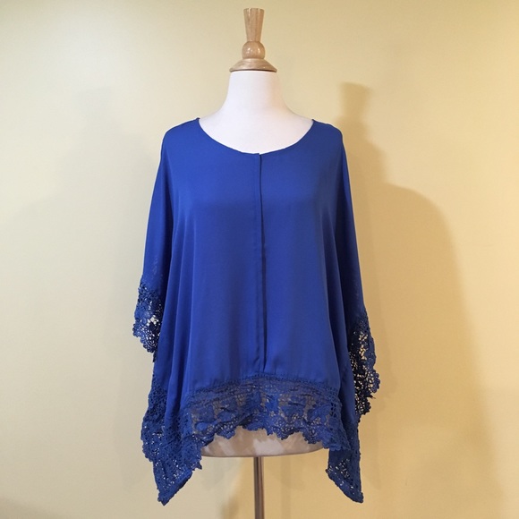 Violet Blue Crochet Lace Trim Batwing Blouse - Picture 5 of 7